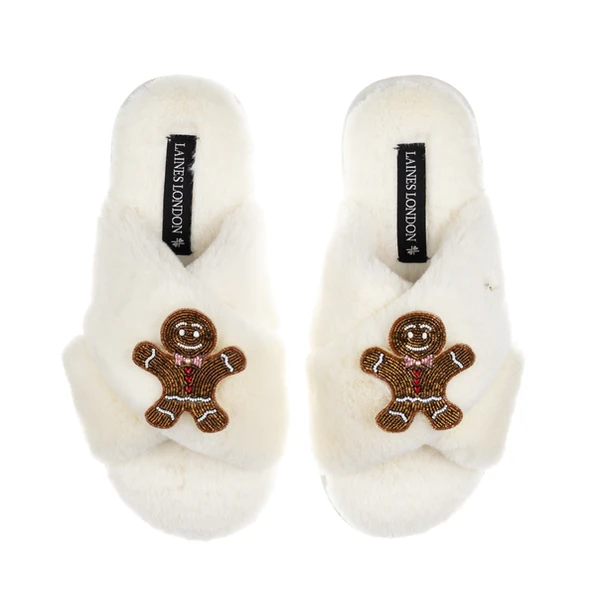 Laines London Classic Laines Slippers With Double Gingerbread Man Brooches