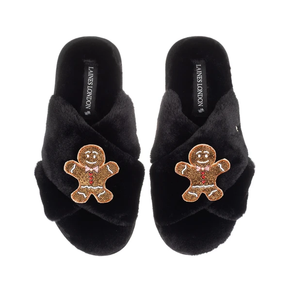 Laines London Classic Laines Slippers With Double Gingerbread Man Brooches
