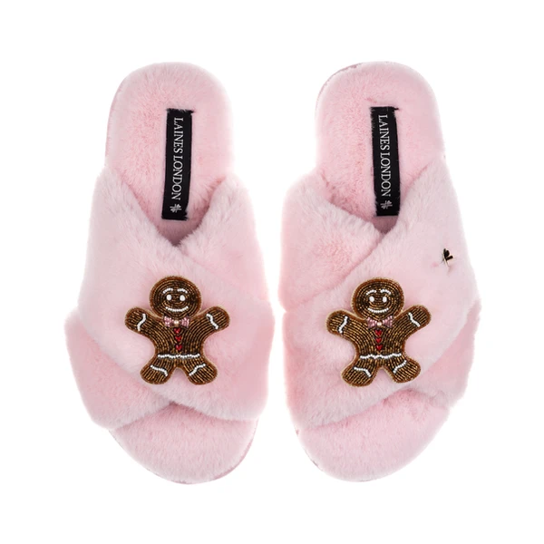 Laines London Classic Laines Slippers With Double Gingerbread Man Brooches