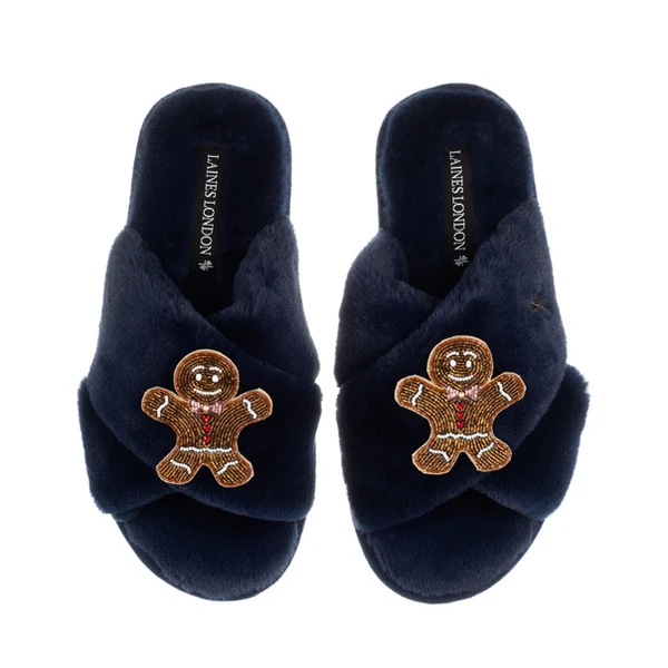 laines london Classic Laines Slippers With Double Gingerbread Man Brooches