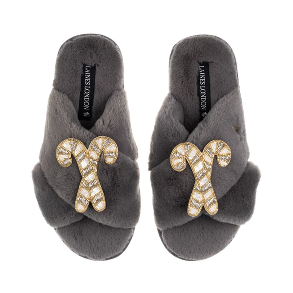Laines London Classic Laines Slippers With Double Gold & Silver Candy Cane Brooches
