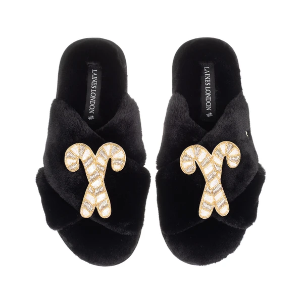Laines London Classic Laines Slippers With Double Gold & Silver Candy Cane Brooches