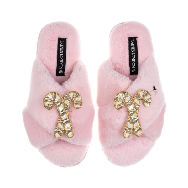 Laines London Classic Laines Slippers With Double Gold & Silver Candy Cane Brooches