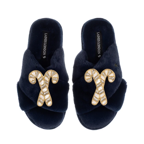 laines london Classic Laines Slippers With Double Gold & Silver Candy Cane Brooches