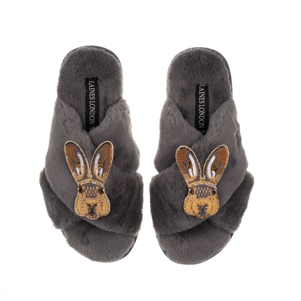 Laines London Classic Laines Slippers With Double Hare Brooches