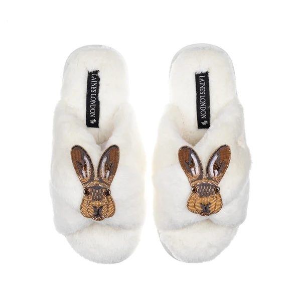 laines london Classic Laines Slippers With Double Hare Brooches