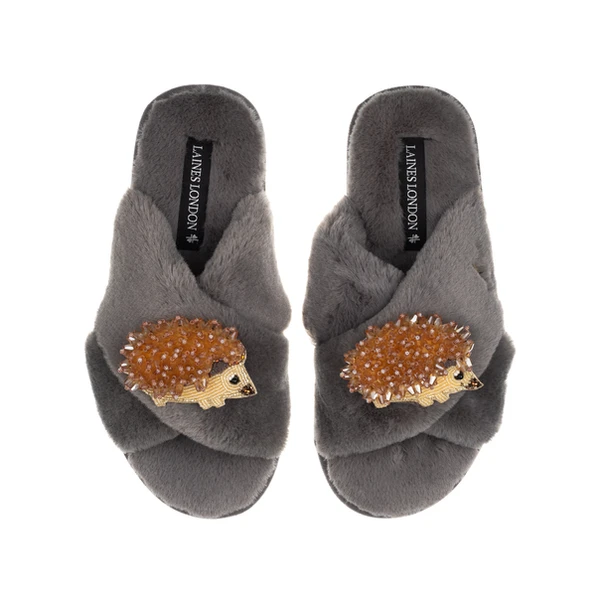 Laines London Classic Laines Slippers With Double Hedgehog Brooches