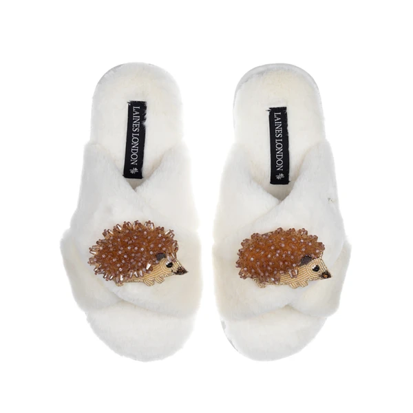 Laines London Classic Laines Slippers With Double Hedgehog Brooches