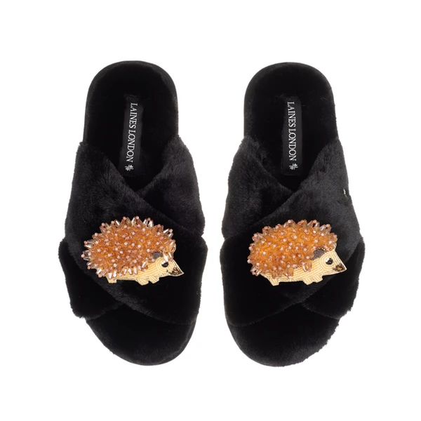 Laines London Classic Laines Slippers With Double Hedgehog Brooches