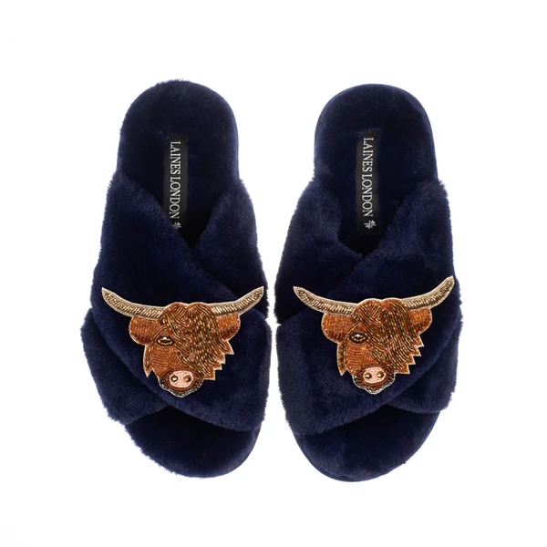 Laines London Classic Laines Slippers With Double Highland Cow Brooches