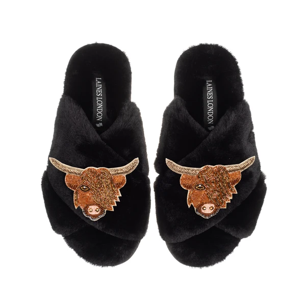 Laines London Classic Laines Slippers With Double Highland Cow Brooches
