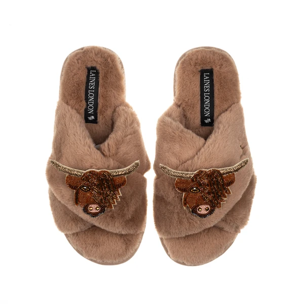 Laines London Classic Laines Slippers With Double Highland Cow Brooches
