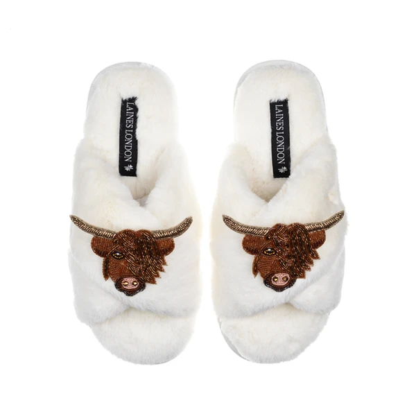laines london Classic Laines Slippers With Double Highland Cow Brooches laines london Classic Laines Slippers With Double Highland Cow Brooches