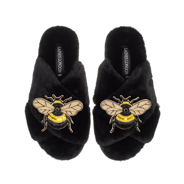 Laines London Classic Laines Slippers With Double Honey Bee Brooches