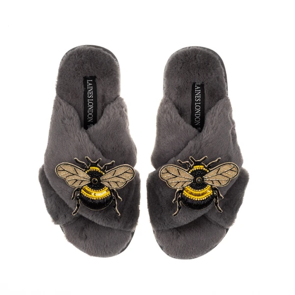 Laines London Classic Laines Slippers With Double Honey Bee Brooches