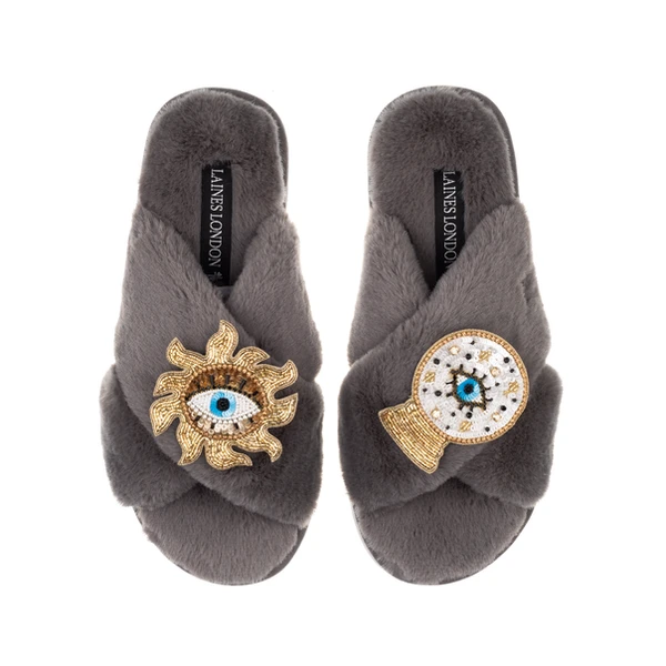 Laines London Classic Laines Slippers With Double Mystic Eye Brooches
