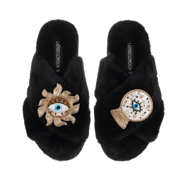 Laines London Classic Laines Slippers With Double Mystic Eye Brooches