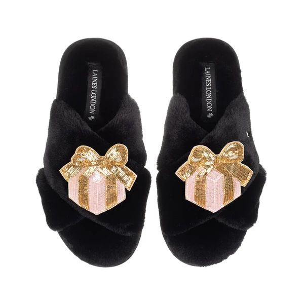 Laines London Classic Laines Slippers With Double Pink Christmas Gift Brooches