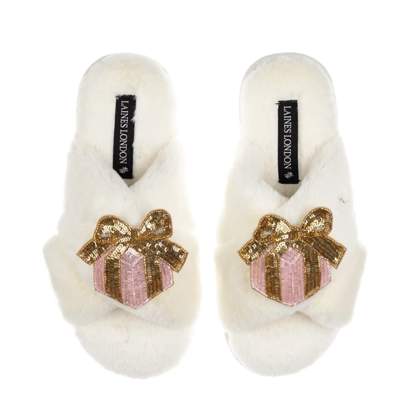 Laines London Classic Laines Slippers With Double Pink Christmas Gift Brooches