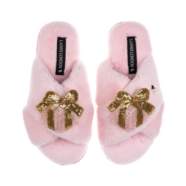 laines london Classic Laines Slippers With Double Pink Christmas Gift Brooches