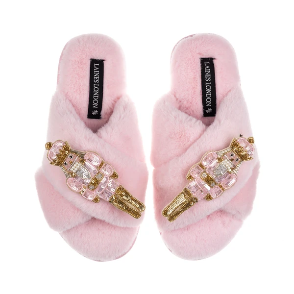 laines london Classic Laines Slippers With Double Pink Grand Nutcrackers Brooches