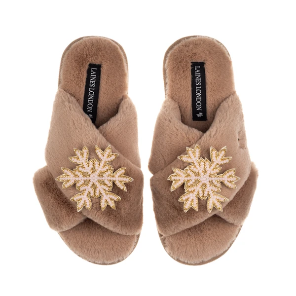 Laines London Classic Laines Slippers With Double Pink Snowflake Brooches