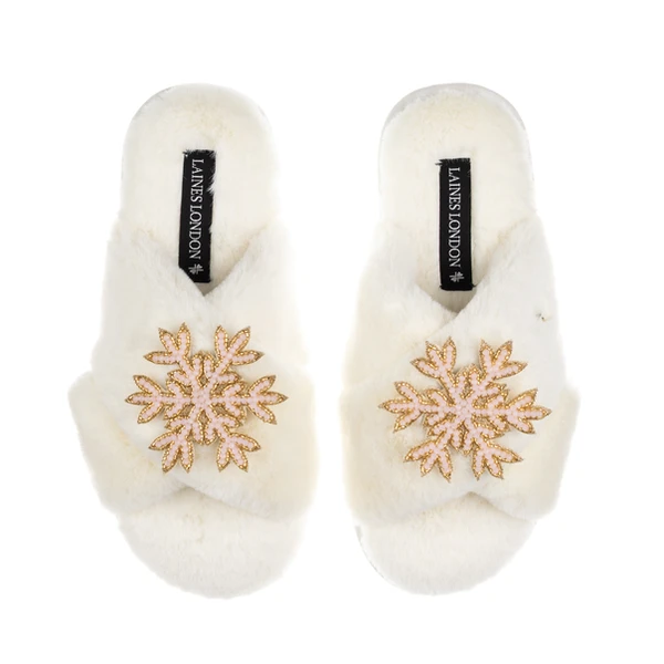 Laines London Classic Laines Slippers With Double Pink Snowflake Brooches