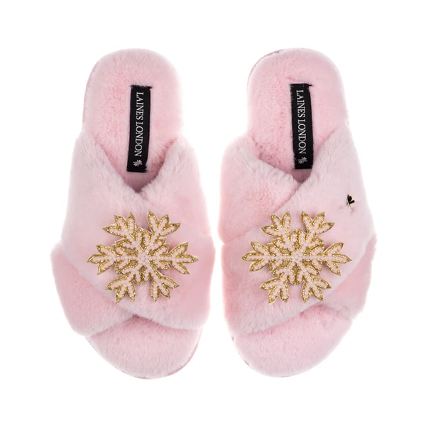laines london Classic Laines Slippers With Double Pink Snowflake Brooches