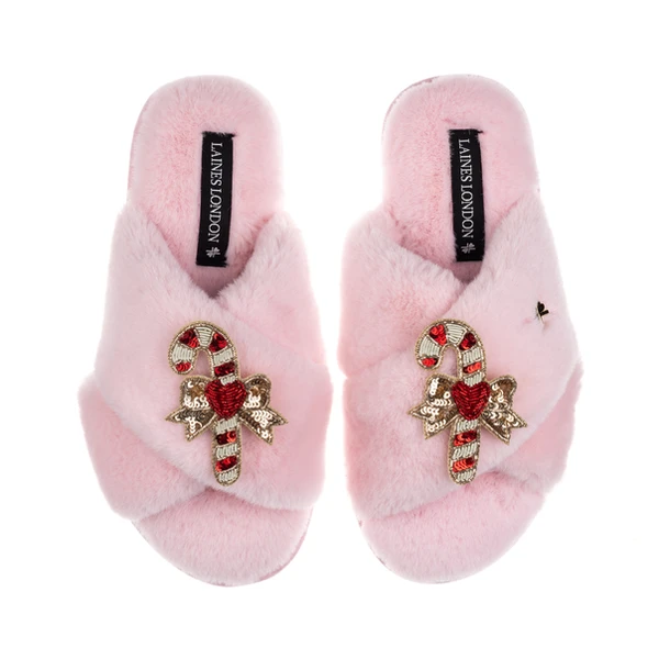 Laines London Classic Laines Slippers With Double Red Candy Cane Brooches