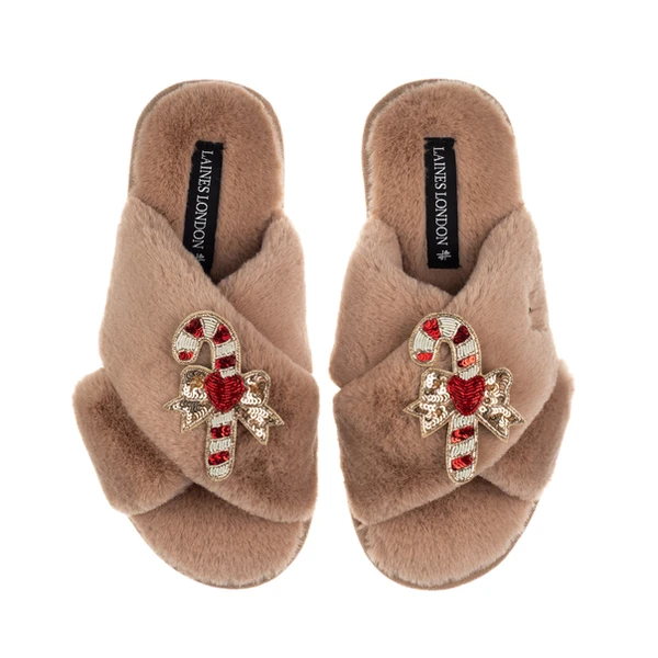 Laines London Classic Laines Slippers With Double Red Candy Cane Brooches