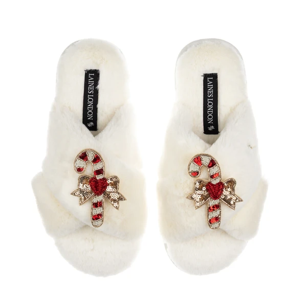 Laines London Classic Laines Slippers With Double Red Candy Cane Brooches