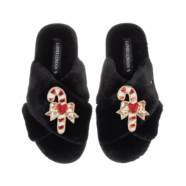laines london Classic Laines Slippers With Double Red Candy Cane Brooches