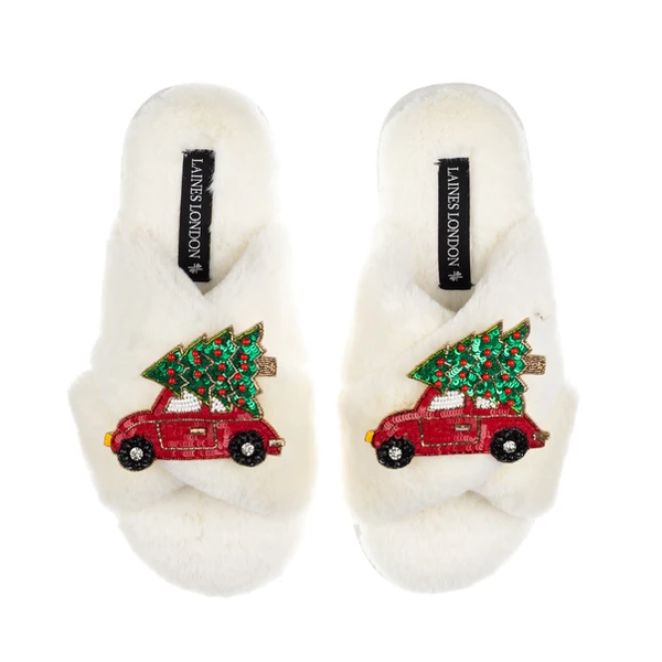 Laines London Classic Laines Slippers With Double Red Christmas Car Brooches