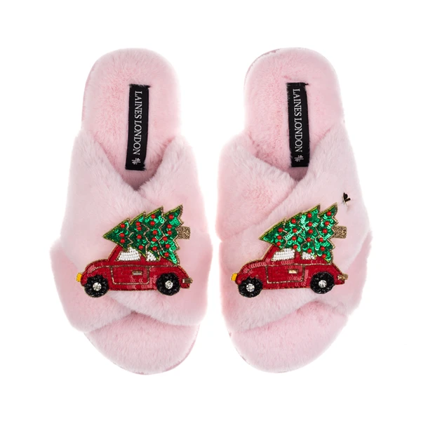 Laines London Classic Laines Slippers With Double Red Christmas Car Brooches