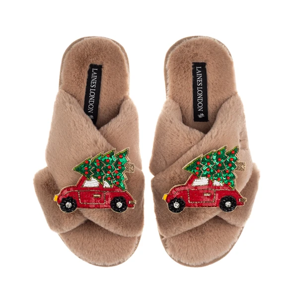Laines London Classic Laines Slippers With Double Red Christmas Car Brooches