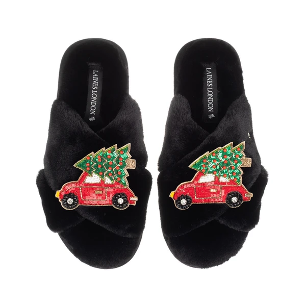 laines london Classic Laines Slippers With Double Red Christmas Car Brooches