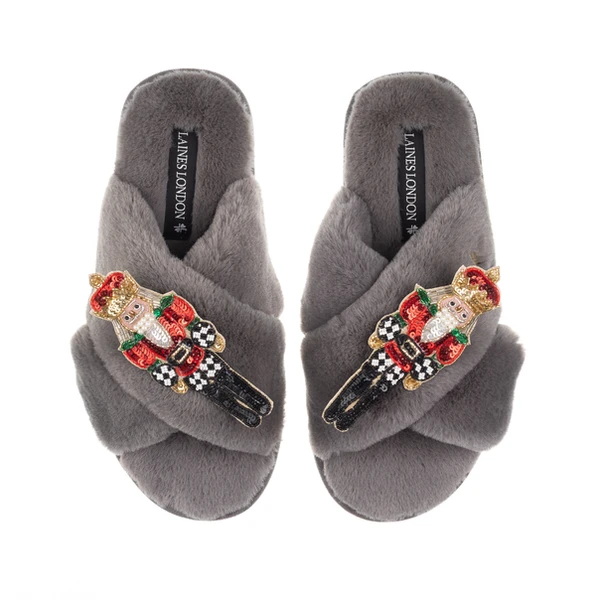 Laines London Classic Laines Slippers With Double Red Grand Nutcrackers Brooches