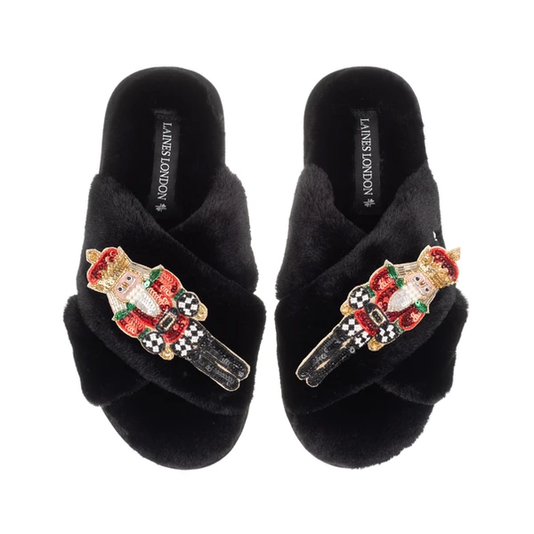 laines london Classic Laines Slippers With Double Red Grand Nutcrackers Brooches