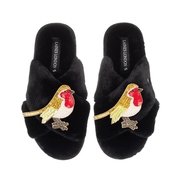 Laines London Classic Laines Slippers With Double Robin Brooches
