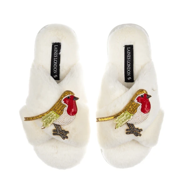 laines london Classic Laines Slippers With Double Robin Brooches