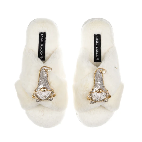 Laines London Classic Laines Slippers With Double Silver Gonk Brooches