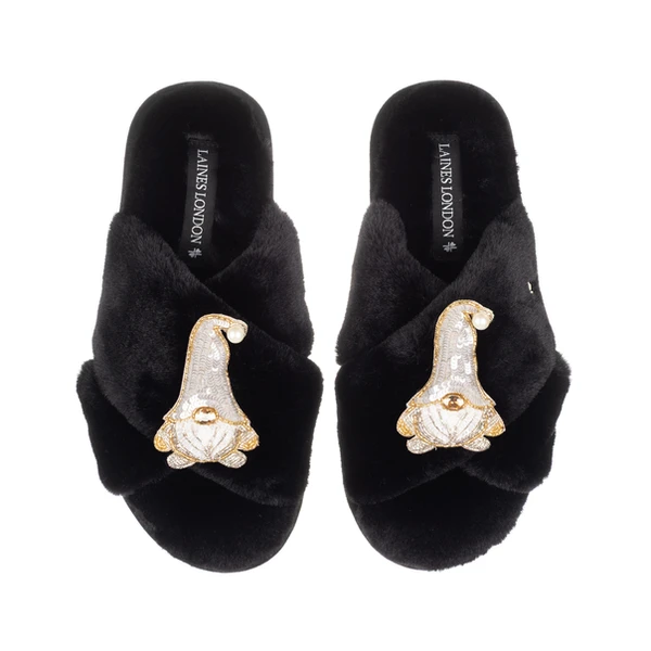 Laines London Classic Laines Slippers With Double Silver Gonk Brooches