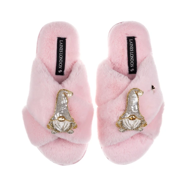 Laines London Classic Laines Slippers With Double Silver Gonk Brooches