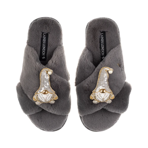laines london Classic Laines Slippers With Double Silver Gonk Brooches
