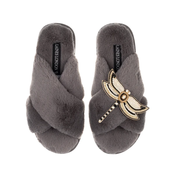 Laines London Classic Laines Slippers With Dragonfly Brooch