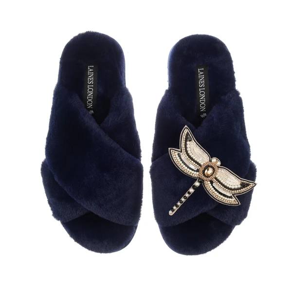 Laines London Classic Laines Slippers With Dragonfly Brooch