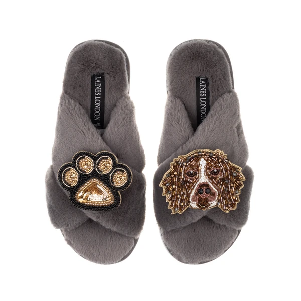 Laines London Classic Laines Slippers With Duke The Brown & White Spaniel & Paw Brooches
