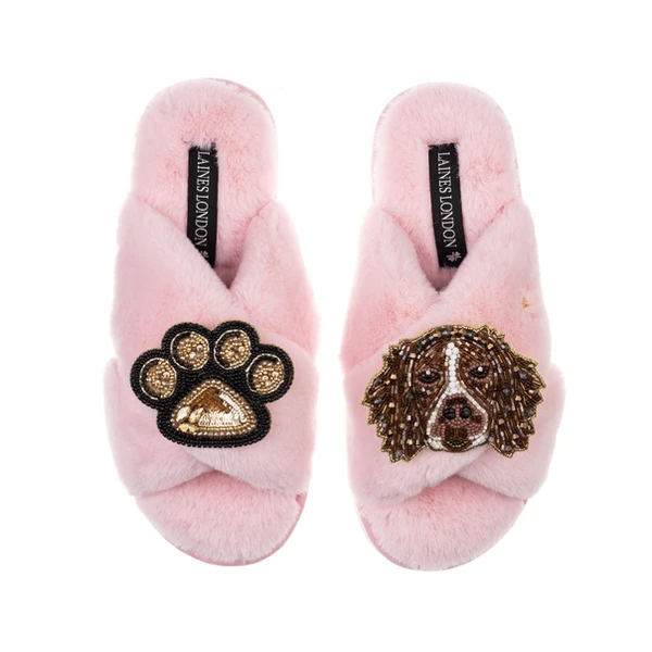 Laines London Classic Laines Slippers With Duke The Brown & White Spaniel & Paw Brooches