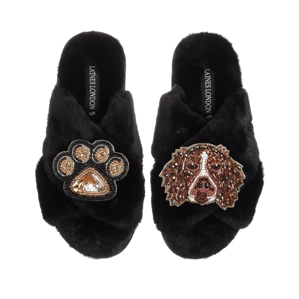 Laines London Classic Laines Slippers With Duke The Brown & White Spaniel & Paw Brooches