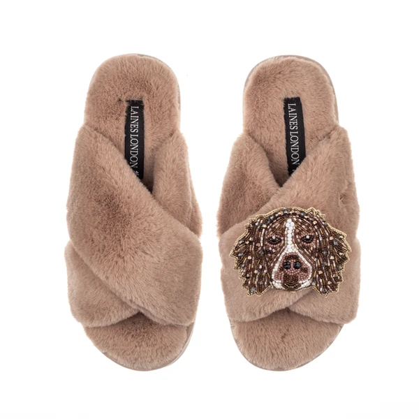Laines London Classic Laines Slippers With Duke The Brown & White Spaniel Brooch
